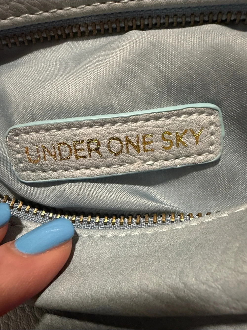 Under One Sky Blue/Light Blue Vegan Leather Reversible Tote with Matching Pouch